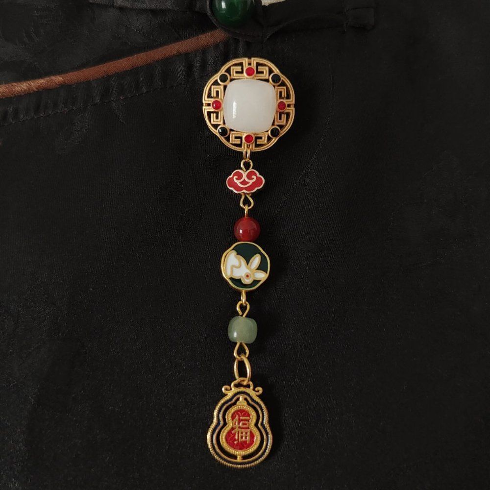 Blessings Jade Rabbit Brooch Pin | Retro Handmade Traditional Lapel Pin #1287A - Picture 3 of 8